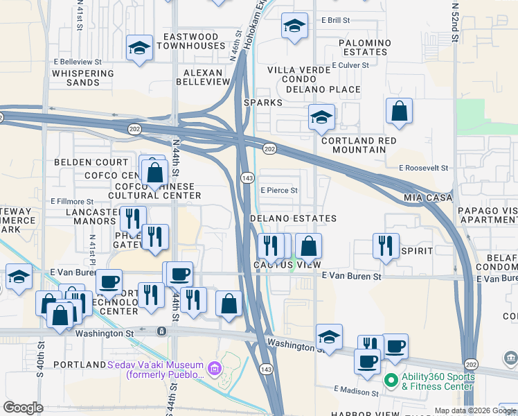 map of restaurants, bars, coffee shops, grocery stores, and more near 4607 East Fillmore Street in Phoenix