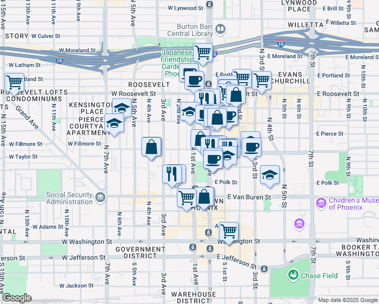 map of restaurants, bars, coffee shops, grocery stores, and more near 11142 North 1st Avenue in Phoenix
