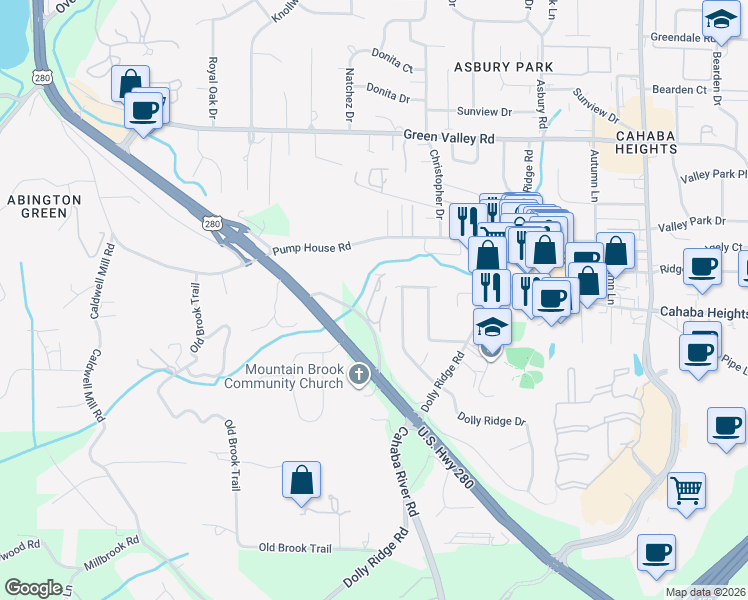 map of restaurants, bars, coffee shops, grocery stores, and more near 141 West Green in Vestavia Hills
