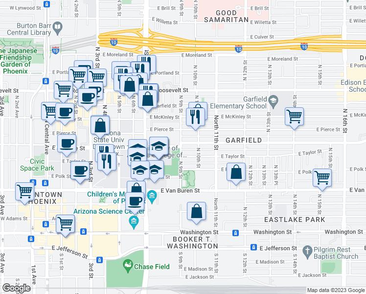 map of restaurants, bars, coffee shops, grocery stores, and more near 517 North 9th Street in Phoenix