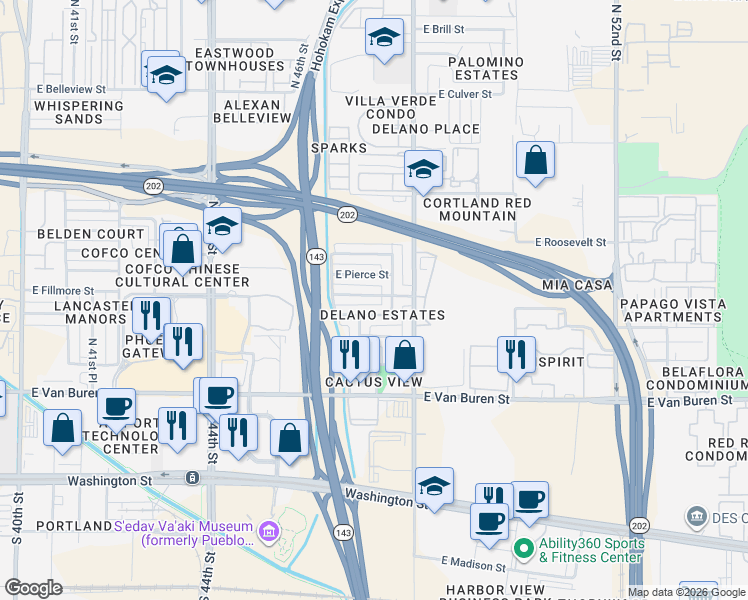 map of restaurants, bars, coffee shops, grocery stores, and more near 518 North 47th Place in Phoenix