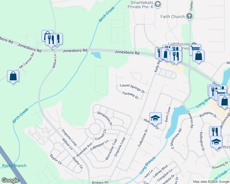 map of restaurants, bars, coffee shops, grocery stores, and more near 241 Yardsley Drive in McDonough