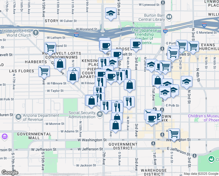 map of restaurants, bars, coffee shops, grocery stores, and more near 390 North 6th Avenue in Phoenix