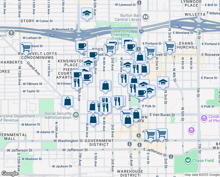 map of restaurants, bars, coffee shops, grocery stores, and more near 315 West Fillmore Street in Phoenix