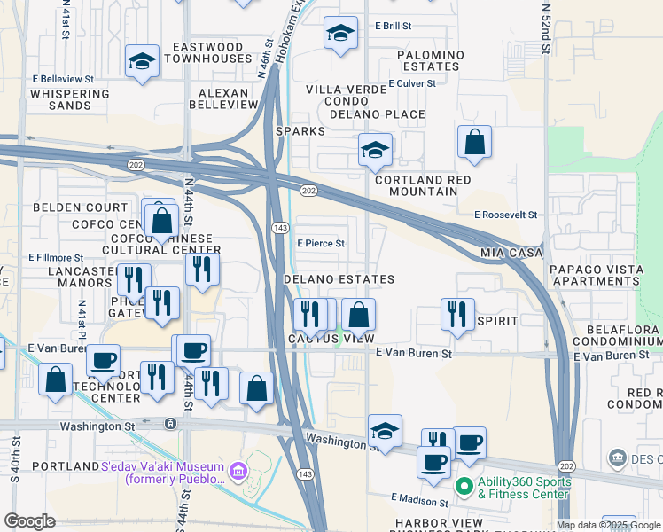 map of restaurants, bars, coffee shops, grocery stores, and more near 4711 East Fillmore Street in Phoenix