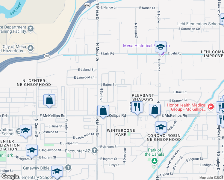 map of restaurants, bars, coffee shops, grocery stores, and more near 2144 North Silverton Street in Mesa