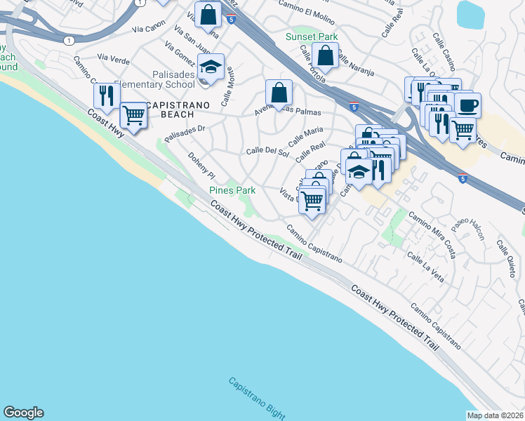 map of restaurants, bars, coffee shops, grocery stores, and more near 35002 Camino Capistrano in Dana Point