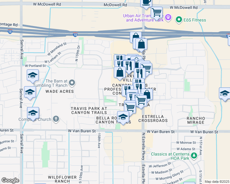 map of restaurants, bars, coffee shops, grocery stores, and more near 756 North 156th Lane in Goodyear