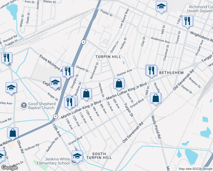 map of restaurants, bars, coffee shops, grocery stores, and more near 2017 Agnes Street in Augusta