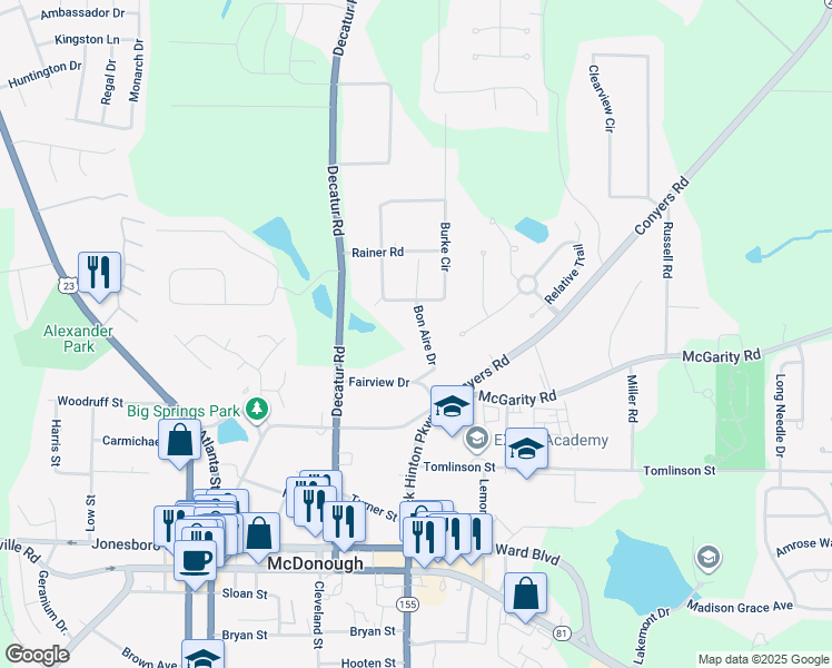 map of restaurants, bars, coffee shops, grocery stores, and more near 153 Bon Aire Drive in McDonough
