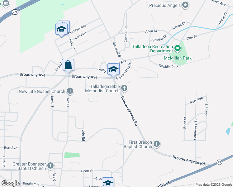 map of restaurants, bars, coffee shops, grocery stores, and more near 117 Brecon Access Rd in Talladega