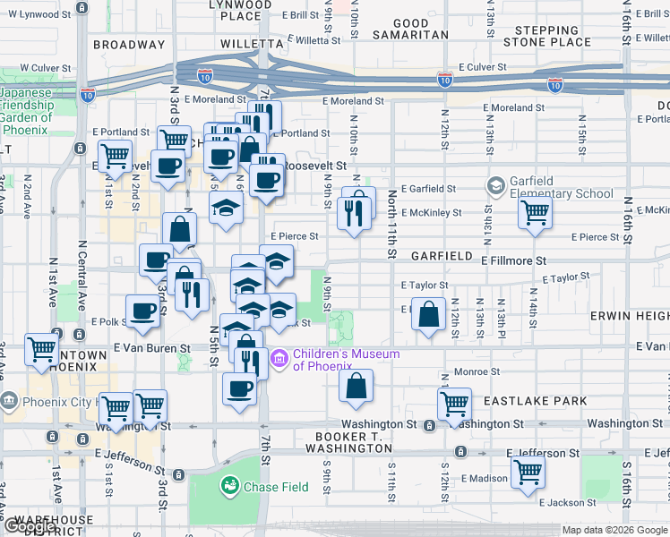 map of restaurants, bars, coffee shops, grocery stores, and more near 517 North 9th Street in Phoenix