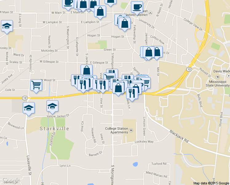map of restaurants, bars, coffee shops, grocery stores, and more near Mississippi 12 in Starkville