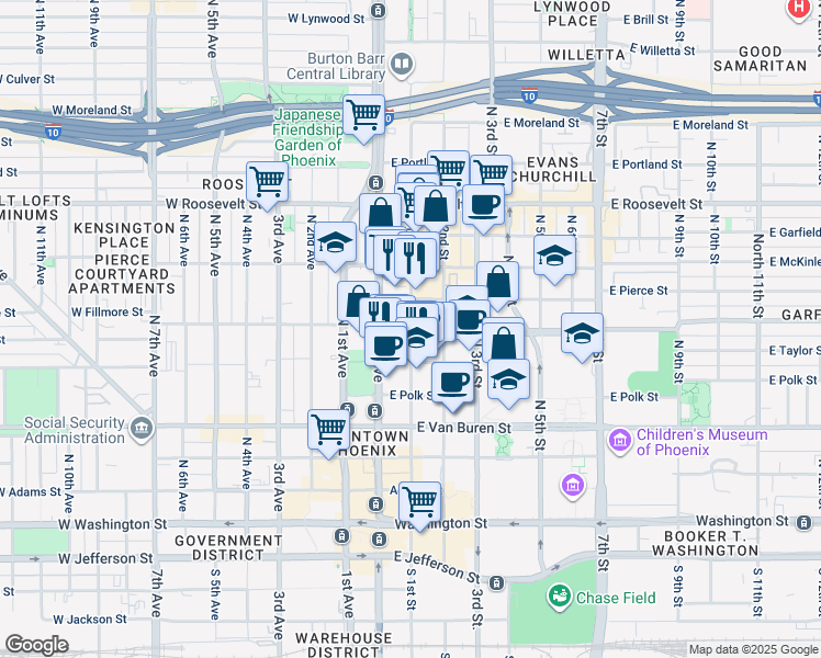 map of restaurants, bars, coffee shops, grocery stores, and more near 600 N 1st St in Phoenix