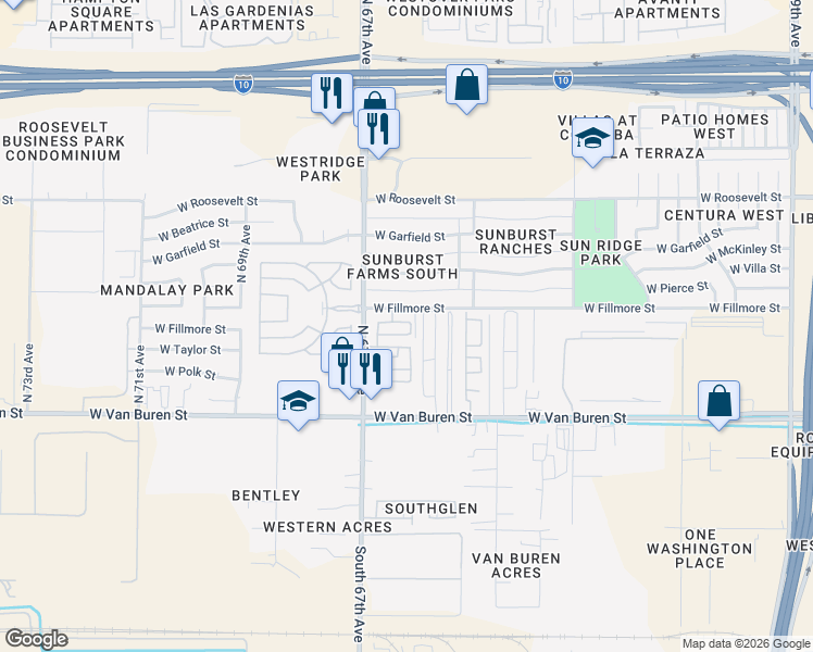 map of restaurants, bars, coffee shops, grocery stores, and more near 6607 West Hayes Street in Phoenix