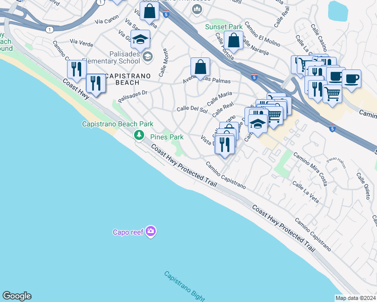 map of restaurants, bars, coffee shops, grocery stores, and more near 35002 Camino Capistrano in Dana Point