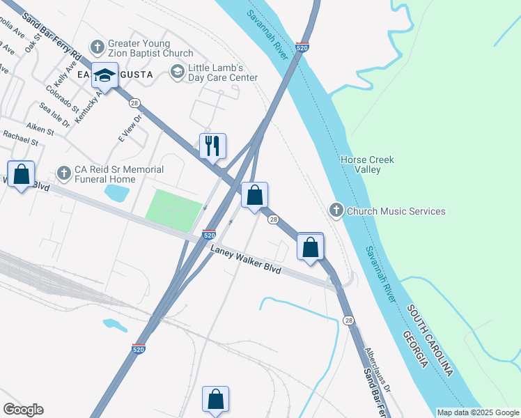 map of restaurants, bars, coffee shops, grocery stores, and more near 1 Columbia Nitrogen Drive in Augusta