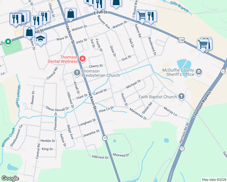 map of restaurants, bars, coffee shops, grocery stores, and more near 300 Michael Street in Thomson