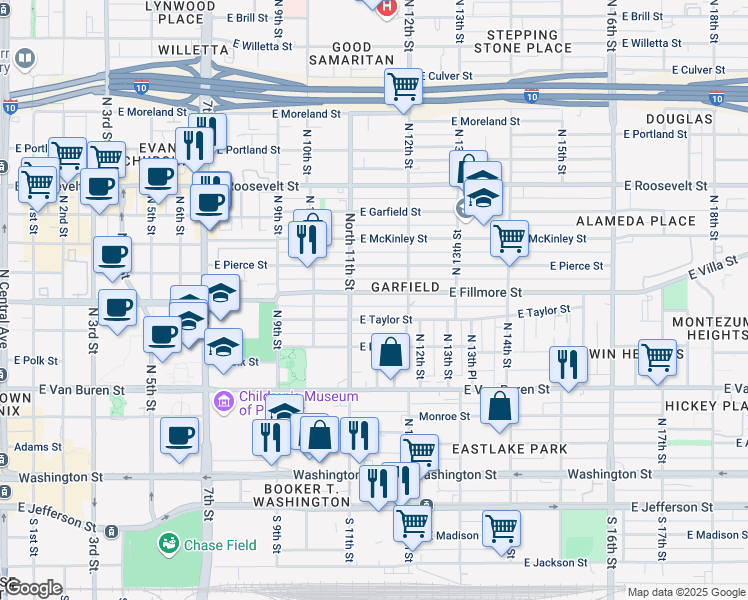 map of restaurants, bars, coffee shops, grocery stores, and more near 1135 East Fillmore Street in Phoenix