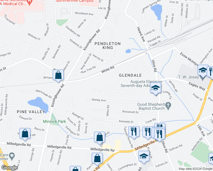 map of restaurants, bars, coffee shops, grocery stores, and more near 2060 Wharton Drive in Augusta