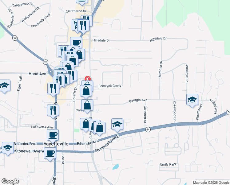 map of restaurants, bars, coffee shops, grocery stores, and more near 285 Pine Circle in Fayetteville