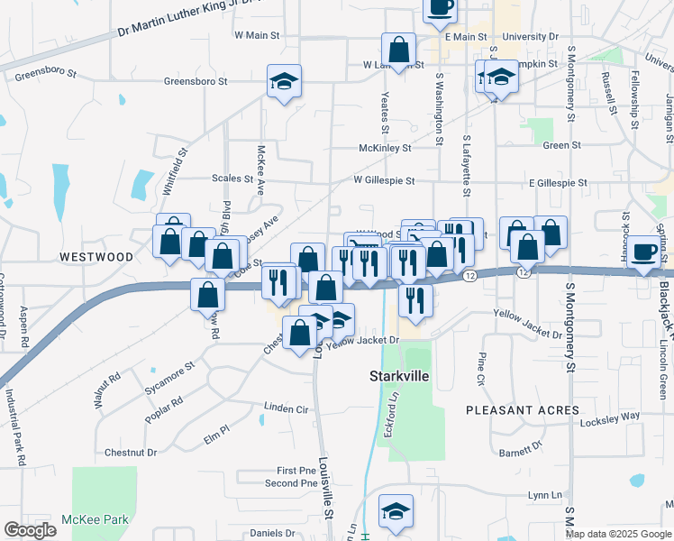 map of restaurants, bars, coffee shops, grocery stores, and more near in Starkville