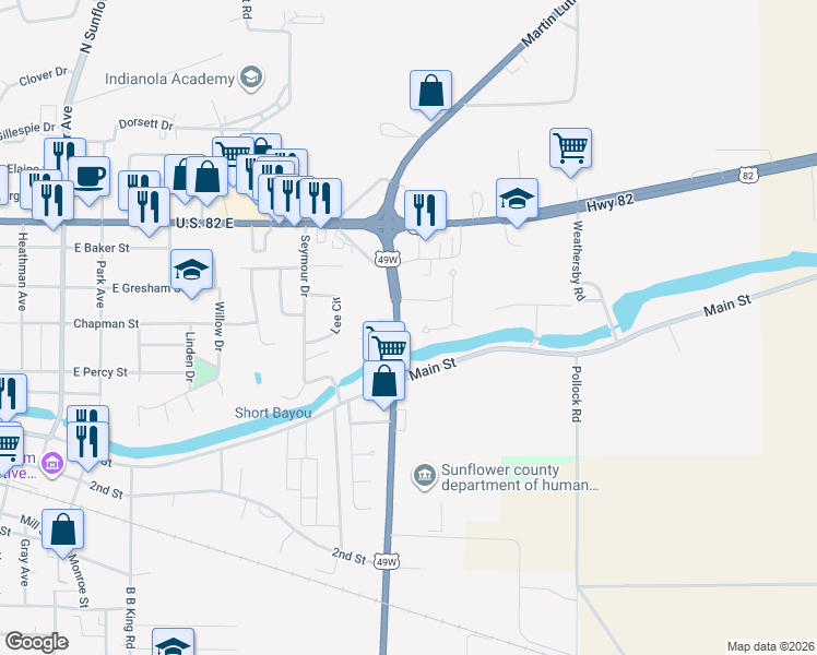 map of restaurants, bars, coffee shops, grocery stores, and more near 113 Martin Luther King Drive in Indianola