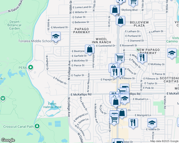 map of restaurants, bars, coffee shops, grocery stores, and more near 501 East Fillmore Street in Tempe