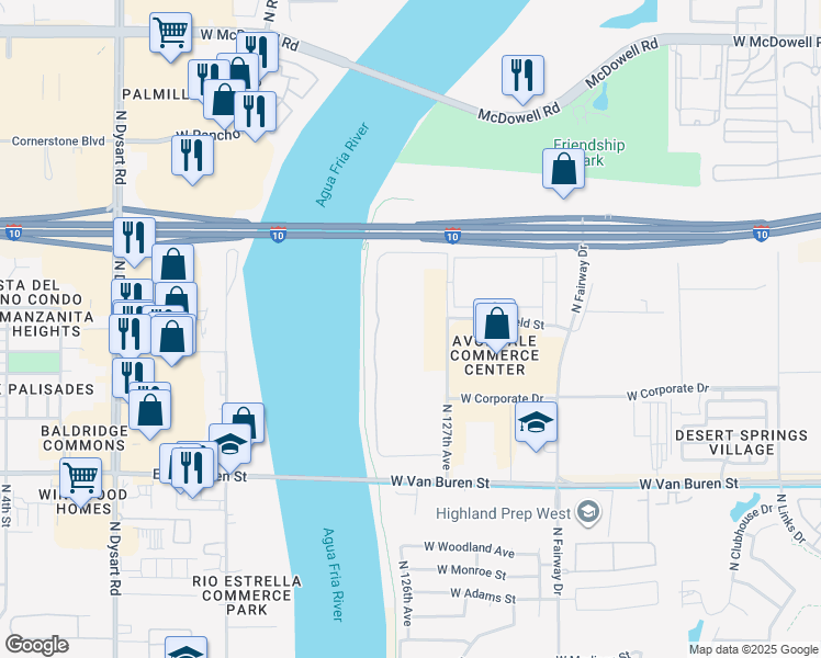 map of restaurants, bars, coffee shops, grocery stores, and more near 1100 North 127th Avenue in Avondale