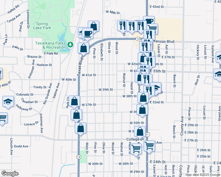 map of restaurants, bars, coffee shops, grocery stores, and more near 3902 Olive Street in Texarkana