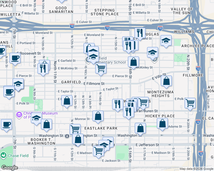 map of restaurants, bars, coffee shops, grocery stores, and more near 1413 East Fillmore Street in Phoenix