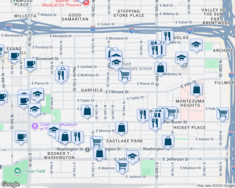 map of restaurants, bars, coffee shops, grocery stores, and more near 1331 East Fillmore Street in Phoenix