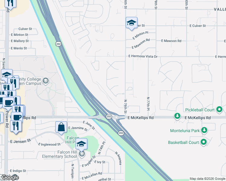 map of restaurants, bars, coffee shops, grocery stores, and more near 7523 East Kael Circle in Mesa