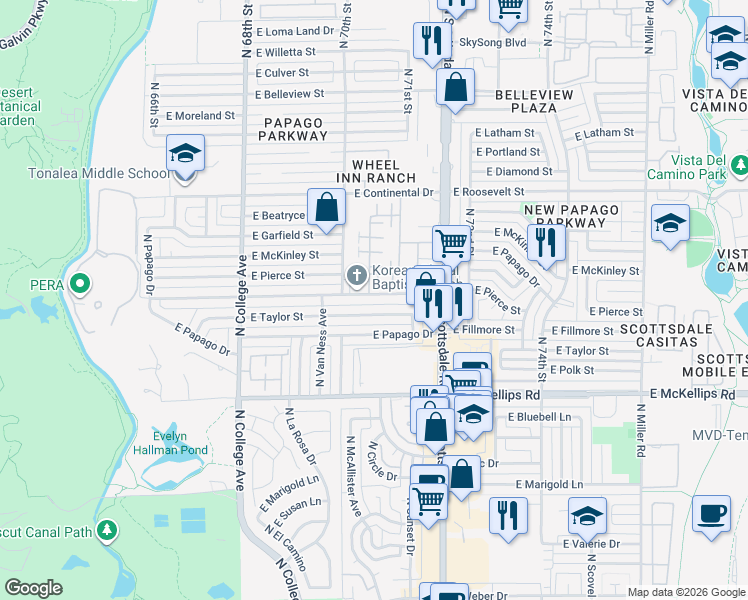 map of restaurants, bars, coffee shops, grocery stores, and more near 607 East Fillmore Street in Tempe