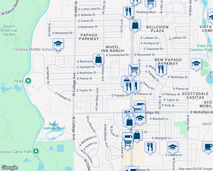 map of restaurants, bars, coffee shops, grocery stores, and more near 607 East Fillmore Street in Tempe