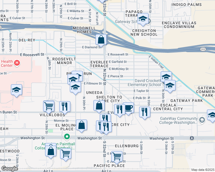 map of restaurants, bars, coffee shops, grocery stores, and more near 525 North 32nd Street in Phoenix