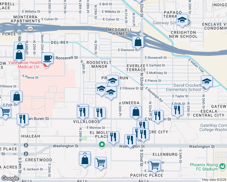 map of restaurants, bars, coffee shops, grocery stores, and more near 3005 East Fillmore Street in Phoenix