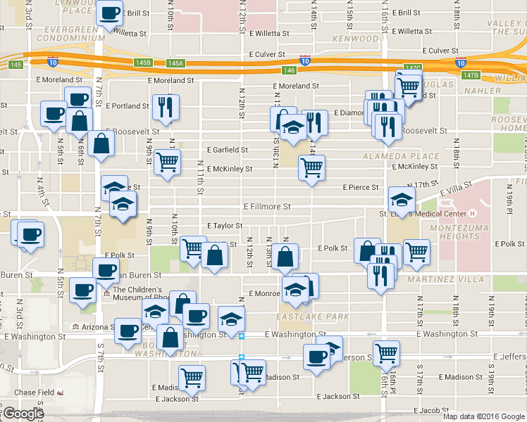 map of restaurants, bars, coffee shops, grocery stores, and more near 1243 East Fillmore Street in Phoenix