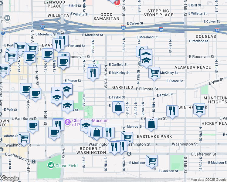 map of restaurants, bars, coffee shops, grocery stores, and more near 1135 East Fillmore Street in Phoenix