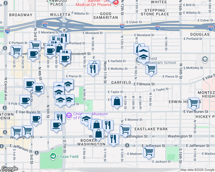 map of restaurants, bars, coffee shops, grocery stores, and more near 516 North 11th Street in Phoenix