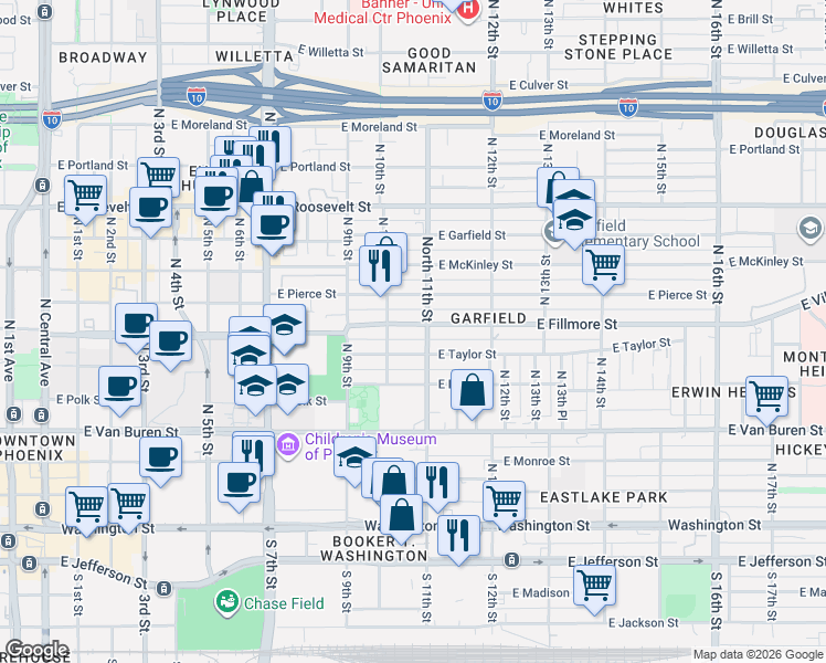 map of restaurants, bars, coffee shops, grocery stores, and more near 516 North 11th Street in Phoenix