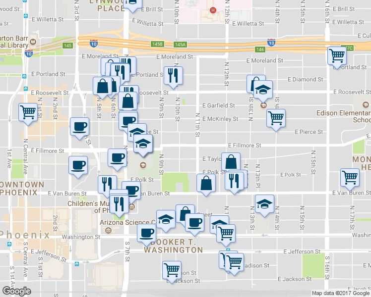 map of restaurants, bars, coffee shops, grocery stores, and more near 513 North 10th Street in Phoenix