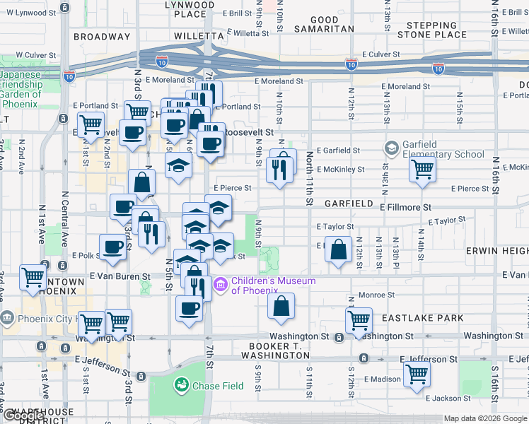 map of restaurants, bars, coffee shops, grocery stores, and more near 517 North 9th Street in Phoenix