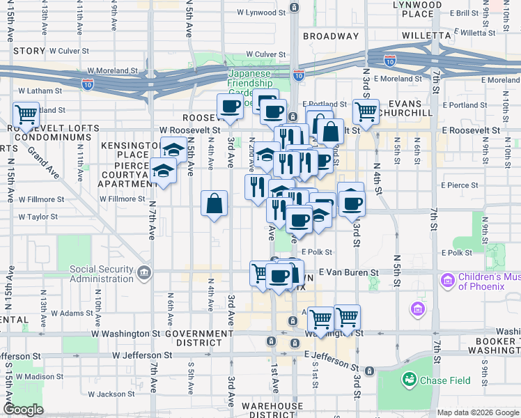 map of restaurants, bars, coffee shops, grocery stores, and more near 11142 North 1st Avenue in Phoenix