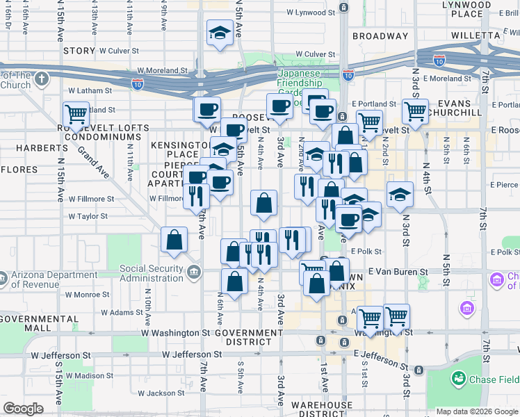 map of restaurants, bars, coffee shops, grocery stores, and more near 315 West Fillmore Street in Phoenix