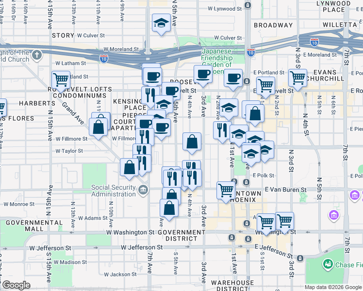 map of restaurants, bars, coffee shops, grocery stores, and more near 378 North 5th Avenue in Phoenix
