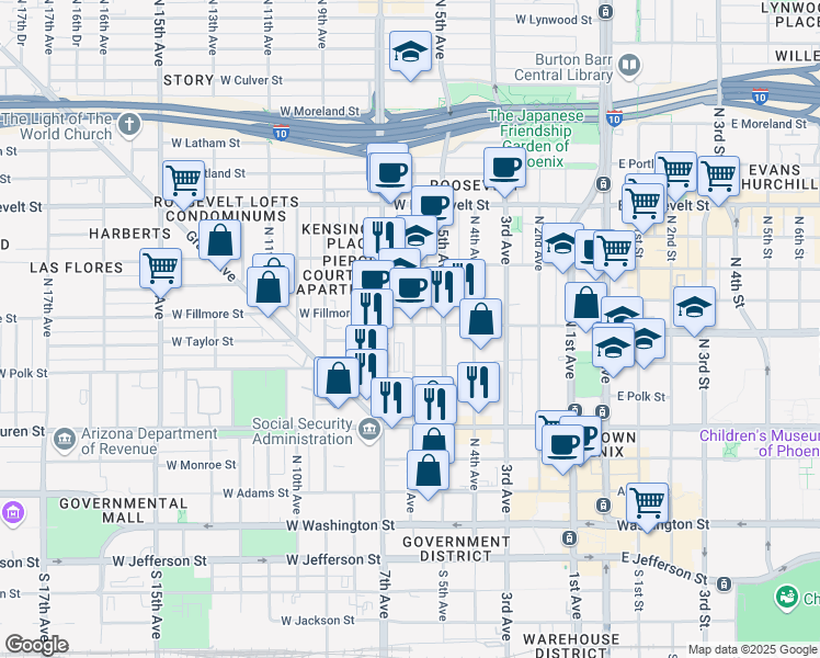 map of restaurants, bars, coffee shops, grocery stores, and more near 390 North 6th Avenue in Phoenix
