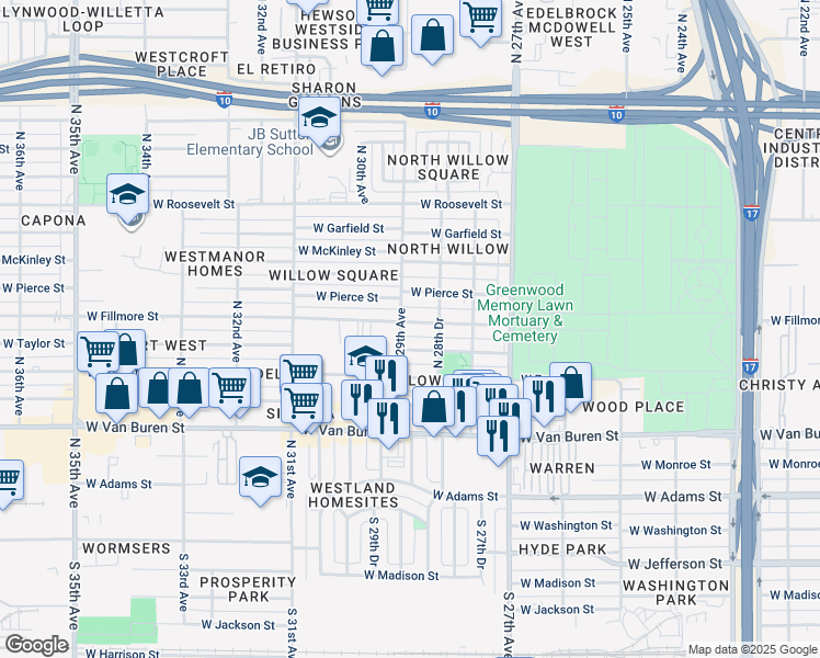 map of restaurants, bars, coffee shops, grocery stores, and more near 620 North 29th Avenue in Phoenix