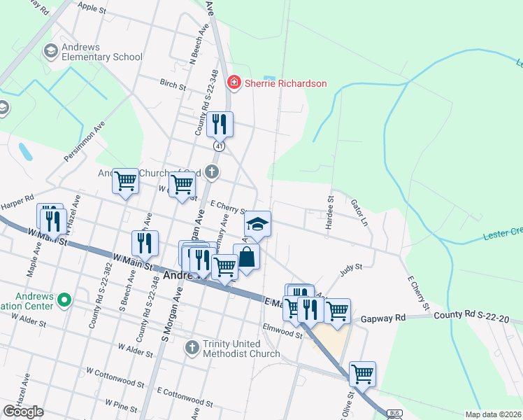 map of restaurants, bars, coffee shops, grocery stores, and more near 2 Clair Street in Andrews