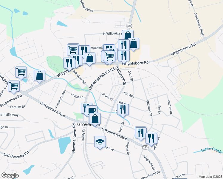 map of restaurants, bars, coffee shops, grocery stores, and more near 101 Booker Street in Grovetown